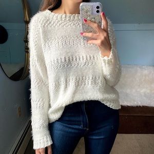 Neely White Fuzzy Scoopneck Striped Sweater
